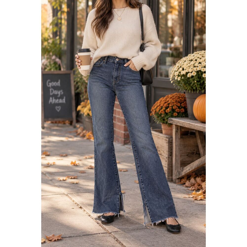Zara High Rise Flare Jeans Size 10 Medium Wash Raw Hem Side Slit